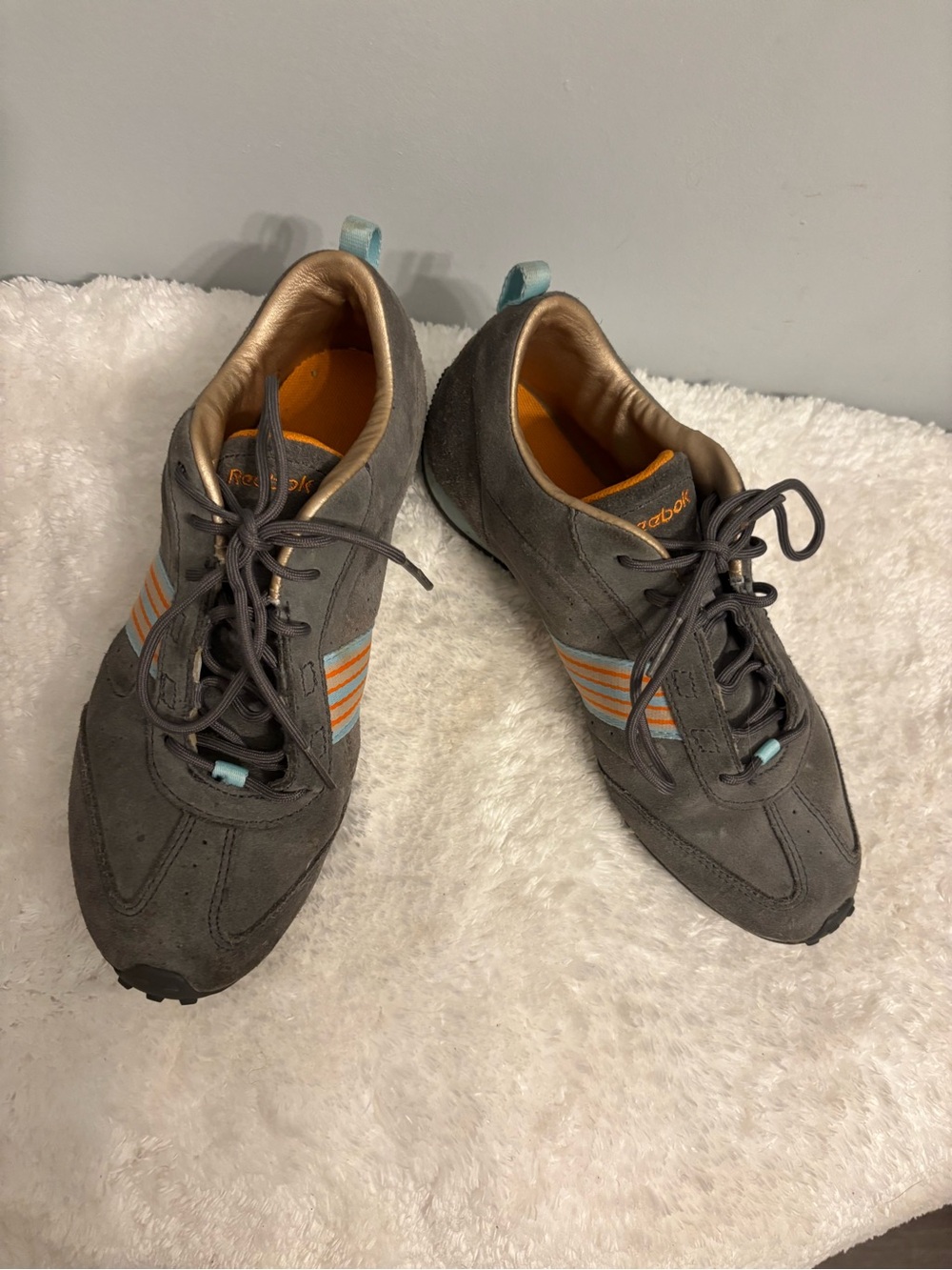 Reebok Men's Gray Suede Sneakers with Orange and Light Blue Accents